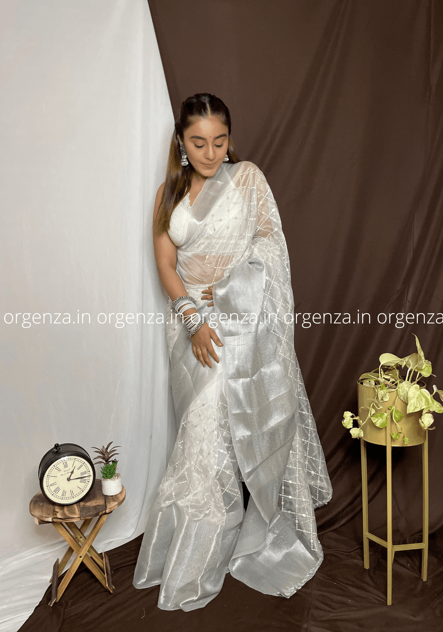 White Organza Weaving Saree With Sequence Work - Orgenza Store