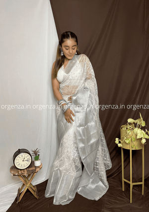 White Organza Weaving Saree With Sequence Work - Orgenza Store
