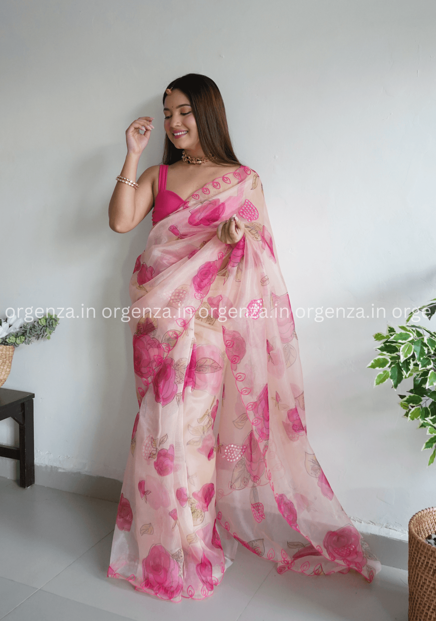 Cream And Pink Floral Organza Saree - Orgenza Store