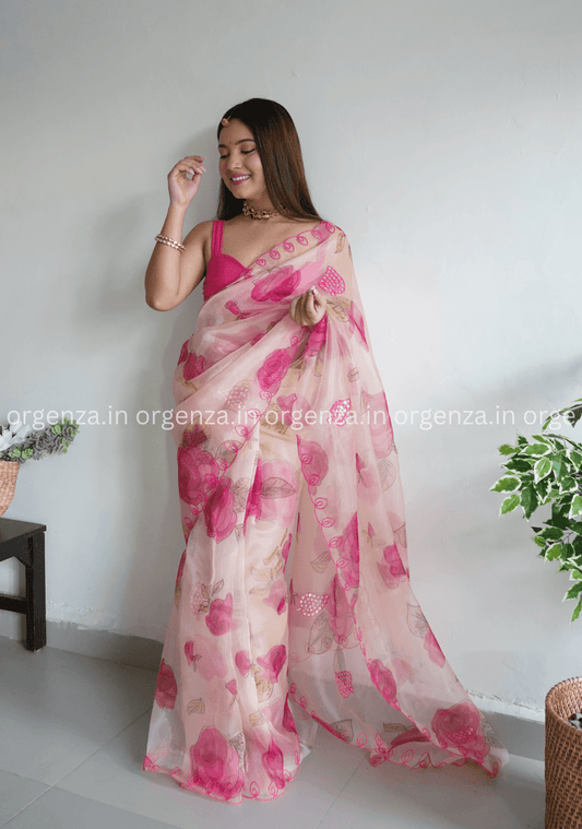 Cream And Pink Floral Organza Saree - Orgenza Store