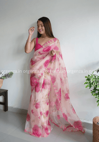 Cream And Pink Floral Organza Saree