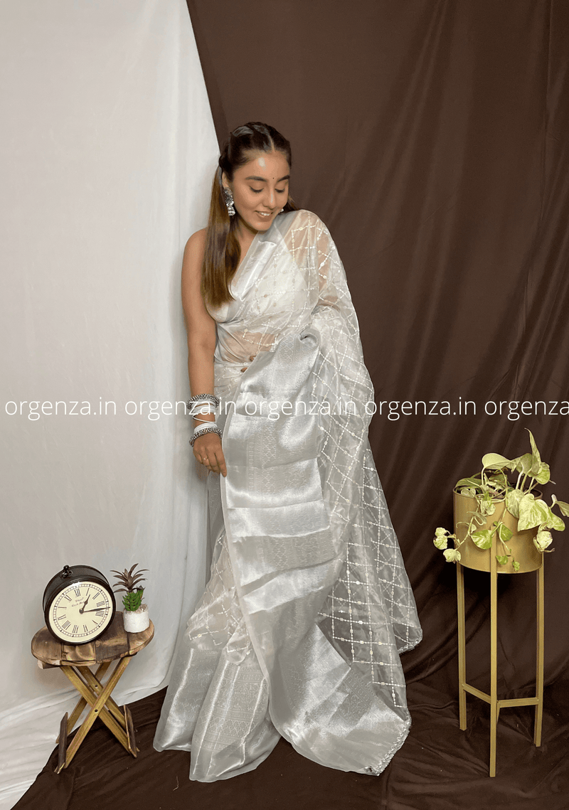 White Organza Weaving Saree With Sequence Work - Orgenza Store