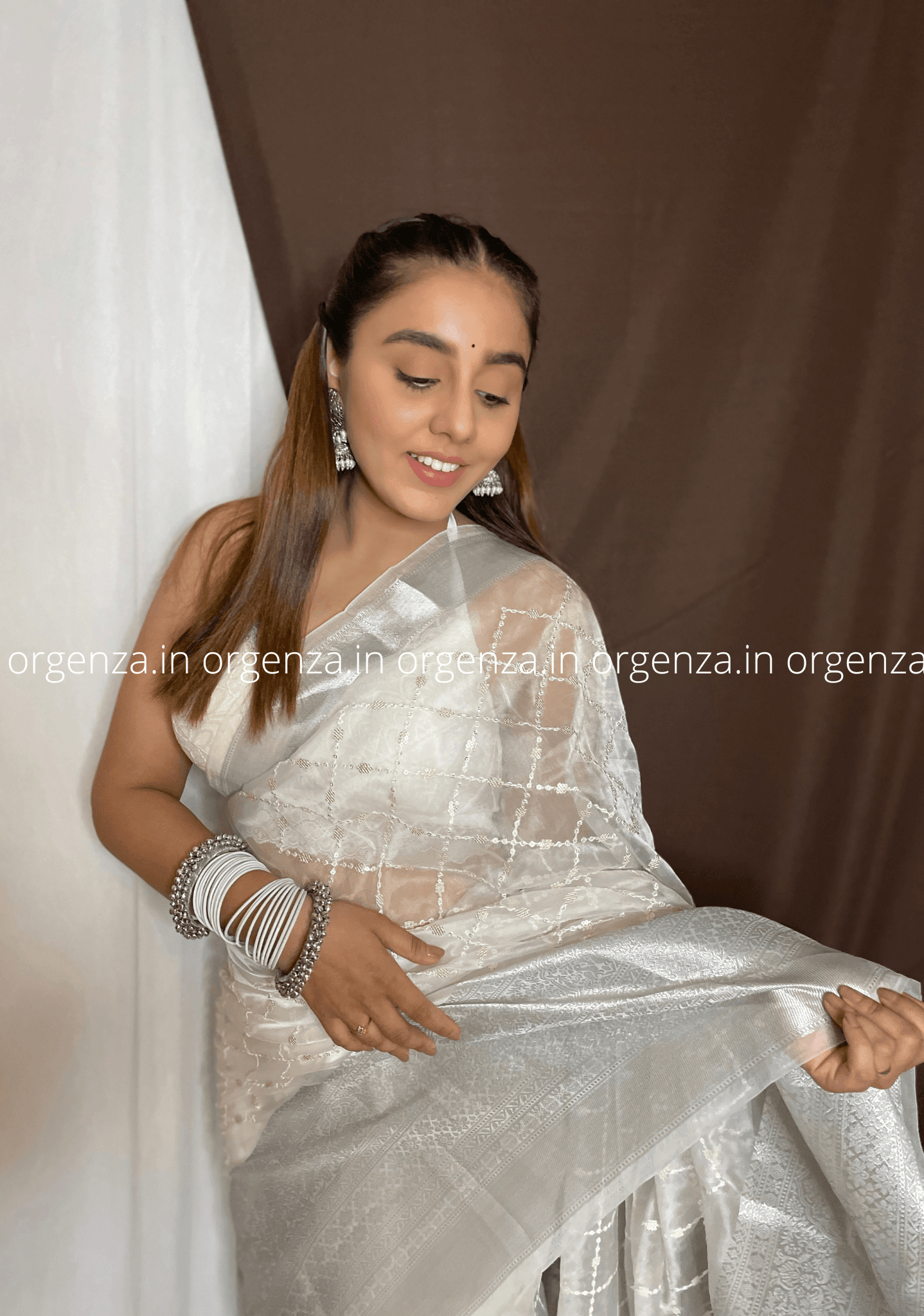 White Organza Weaving Saree With Sequence Work - Orgenza Store