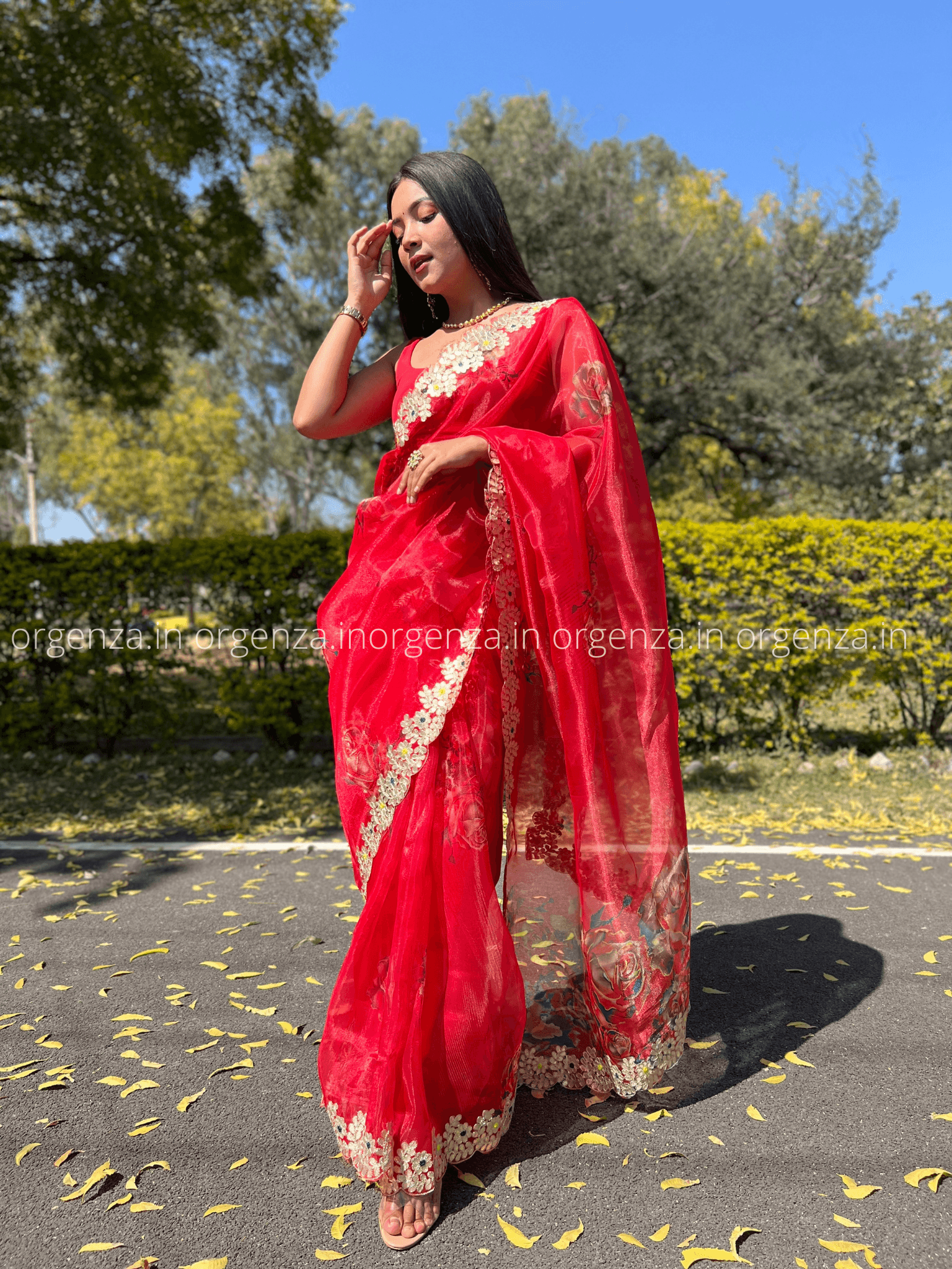 Red Organza With Gota Patti Border - Orgenza Store