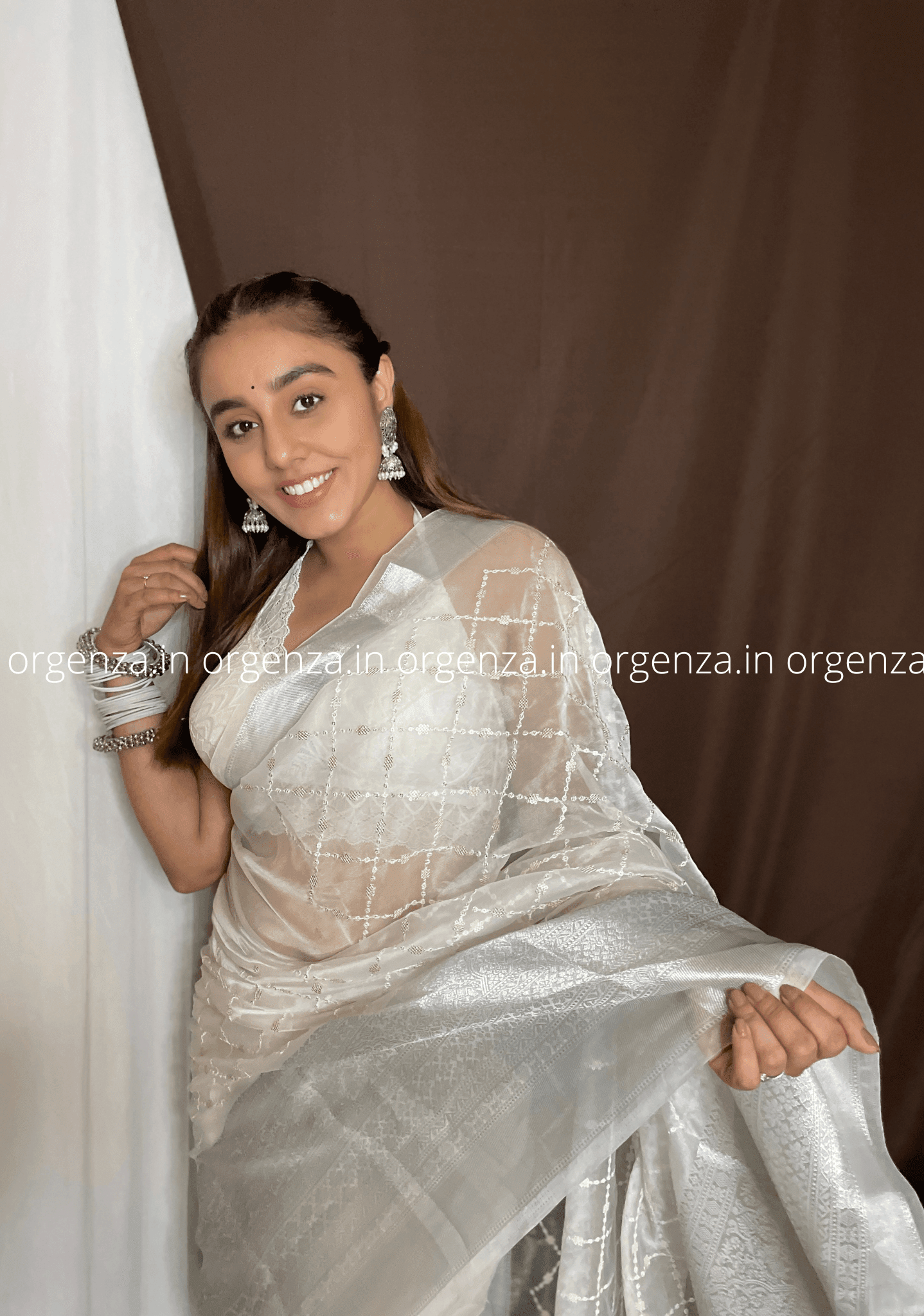 White Organza Weaving Saree With Sequence Work - Orgenza Store