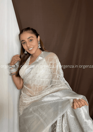 White Organza Weaving Saree With Sequence Work - Orgenza Store