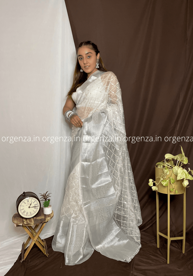 White Organza Weaving Saree With Sequence Work - Orgenza Store