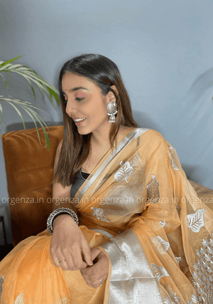 Orange Silver Organza Weaving Saree - Orgenza Store