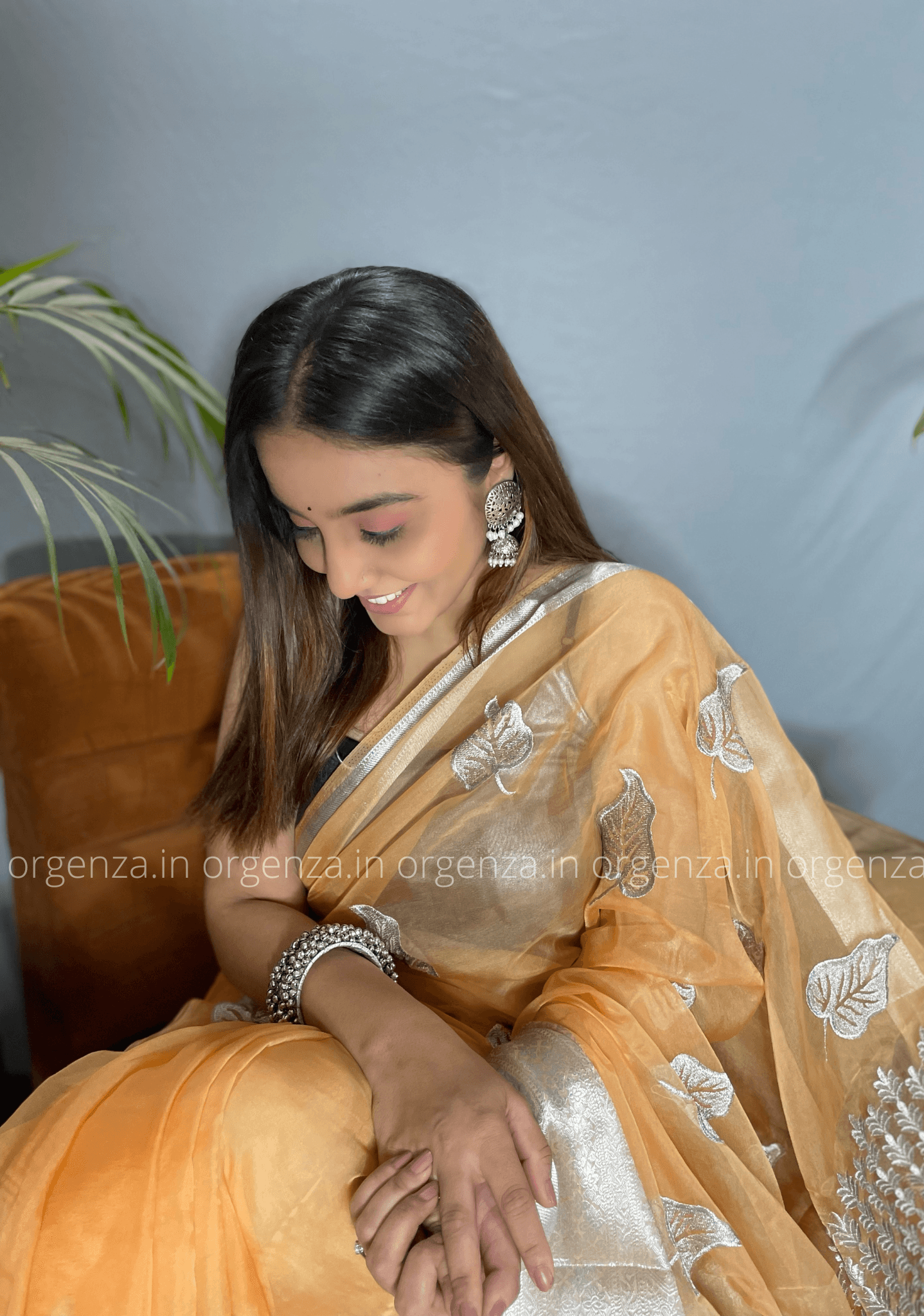 Orange Silver Organza Weaving Saree - Orgenza Store