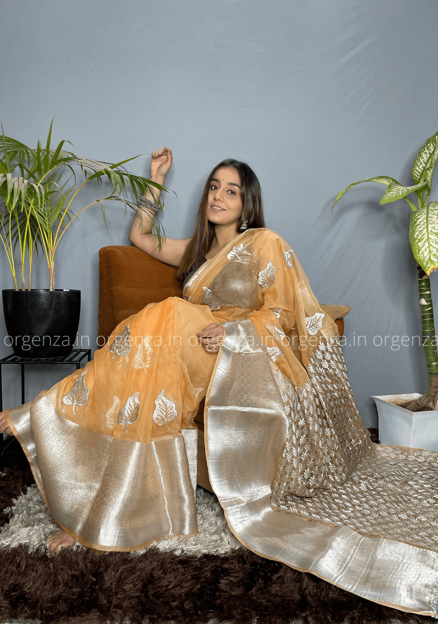 Orange Silver Organza Weaving Saree - Orgenza Store