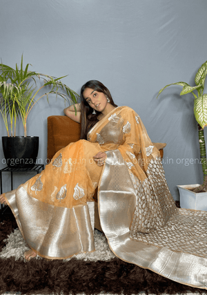 Orange Silver Organza Weaving Saree - Orgenza Store