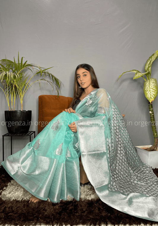 Rama Colour Silver Organza Weaving Saree - Orgenza Store