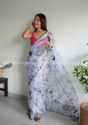 White Colour Organza With Floral Print - Orgenza Store - digisoch