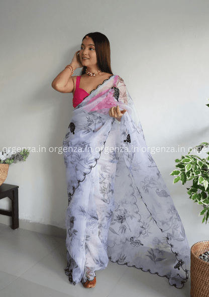 White Colour Organza With Floral Print - Orgenza Store