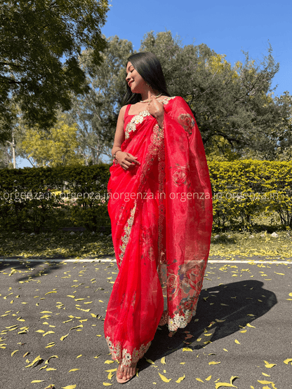 Red Organza With Gota Patti Border - Orgenza Store