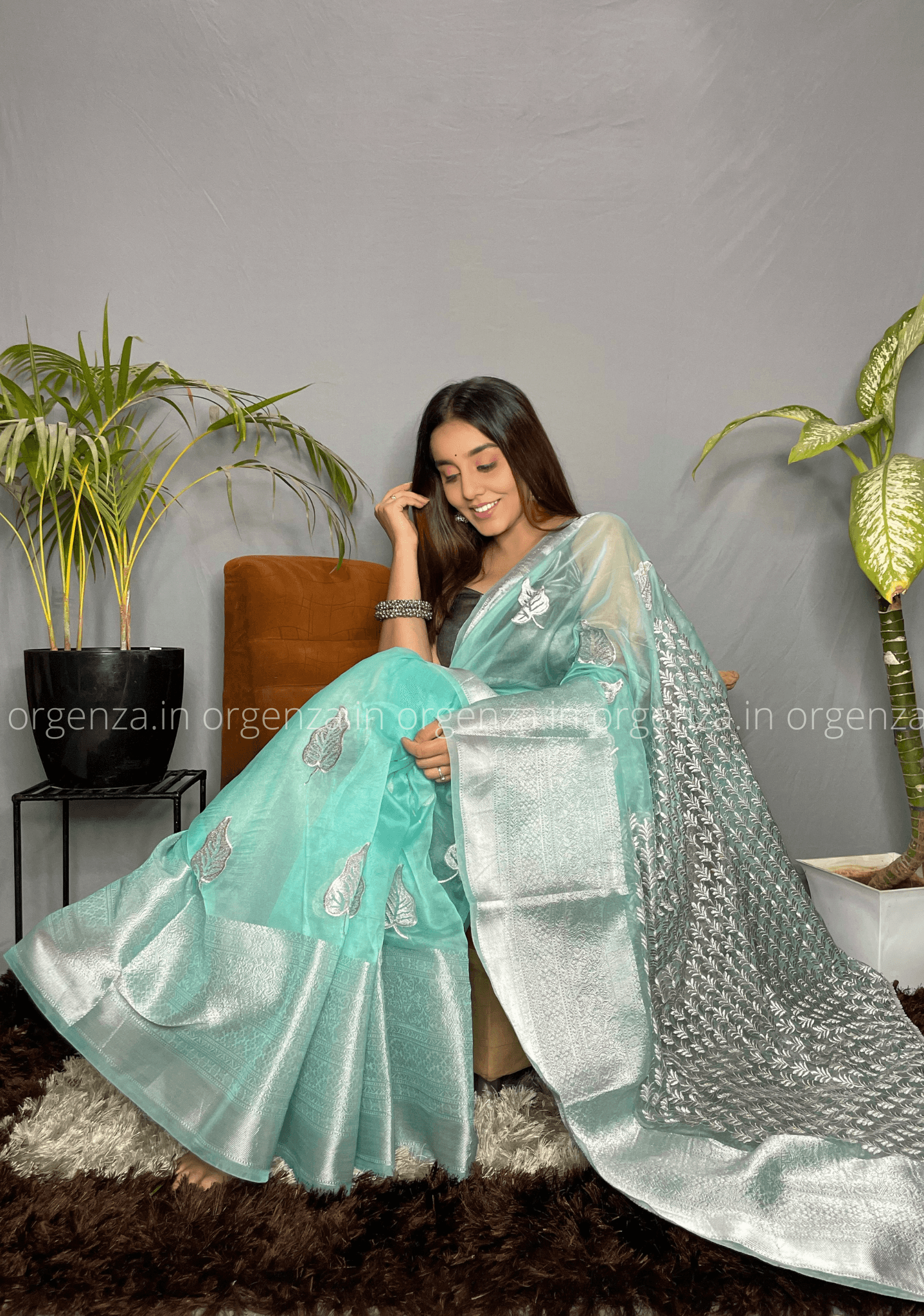 Rama Colour Silver Organza Weaving Saree - Orgenza Store - digisoch