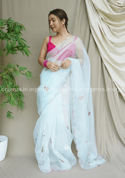 Light Sky Colour Organza Saree With Multi Thread Work - Orgenza Store