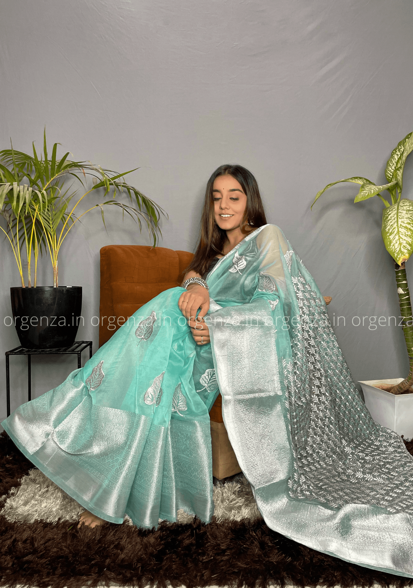 Rama Colour Silver Organza Weaving Saree - Orgenza Store - digisoch