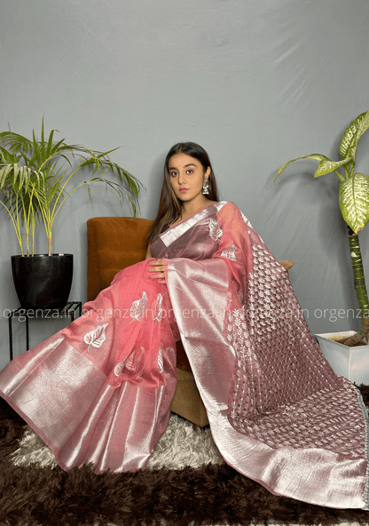 Peach Colour Silver Organza Weaving Saree - Orgenza Store