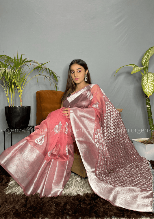 Peach Colour Silver Organza Weaving Saree - Orgenza Store