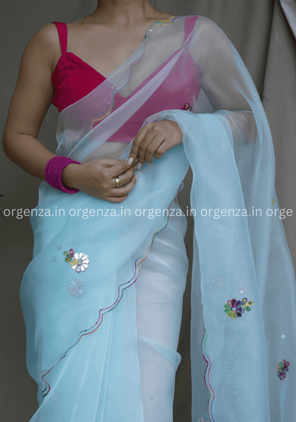 Light Sky Colour Organza Saree With Multi Thread Work - Orgenza Store