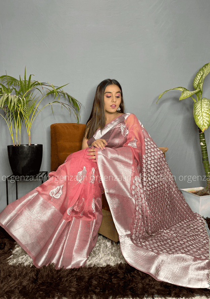 Peach Colour Silver Organza Weaving Saree - Orgenza Store