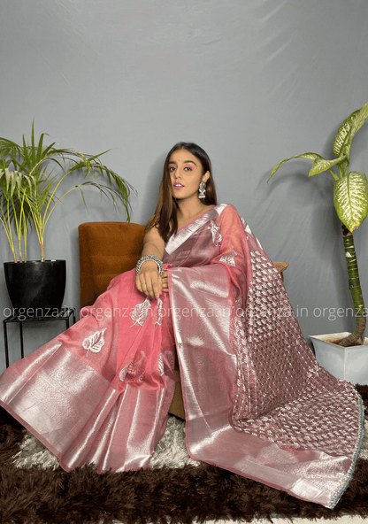 Peach Colour Silver Organza Weaving Saree - Orgenza Store