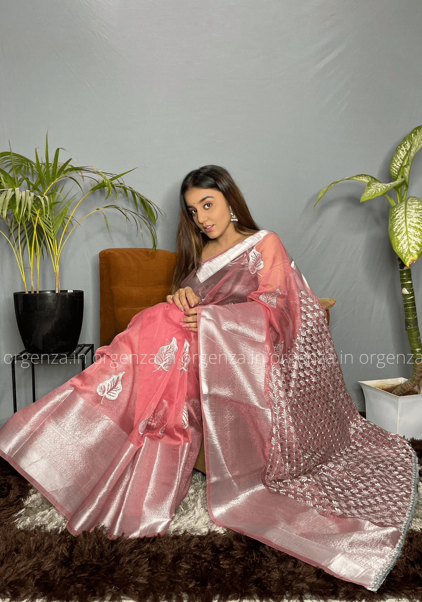 Peach Colour Silver Organza Weaving Saree - Orgenza Store