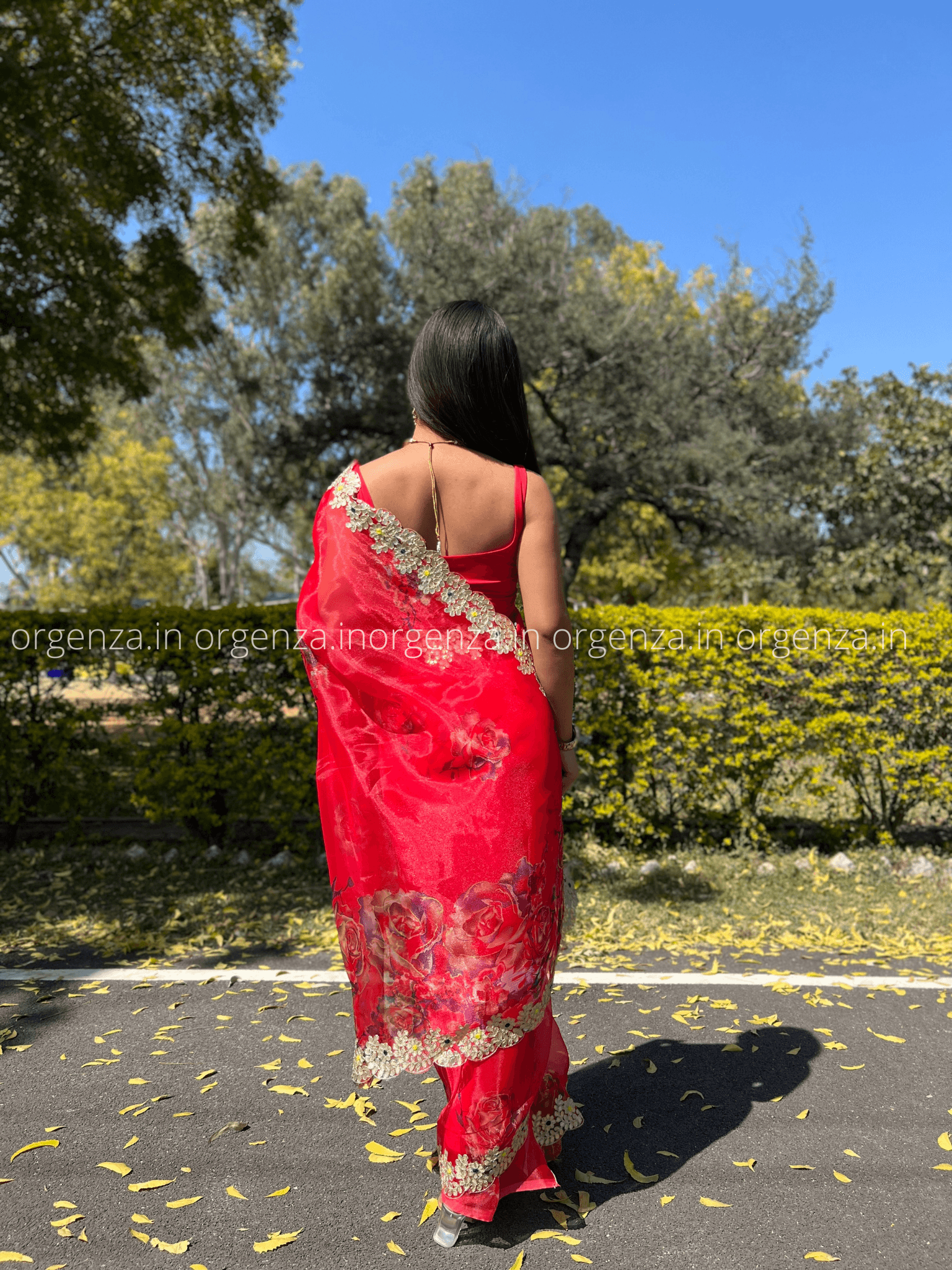 Red Organza With Gota Patti Border - Orgenza Store