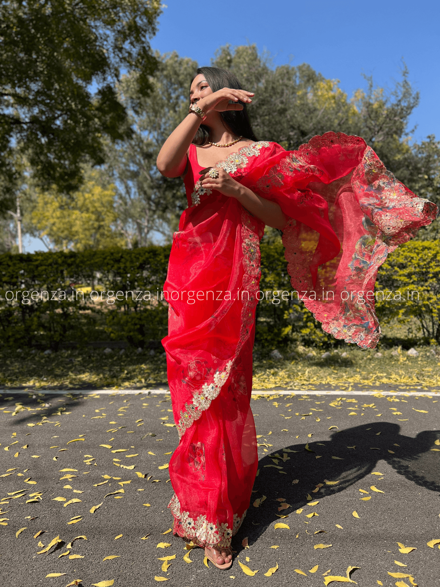 Red Organza With Gota Patti Border - Orgenza Store