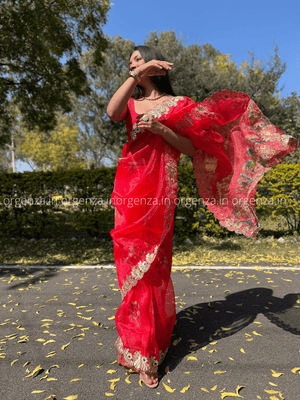 Red Organza With Gota Patti Border - Orgenza Store