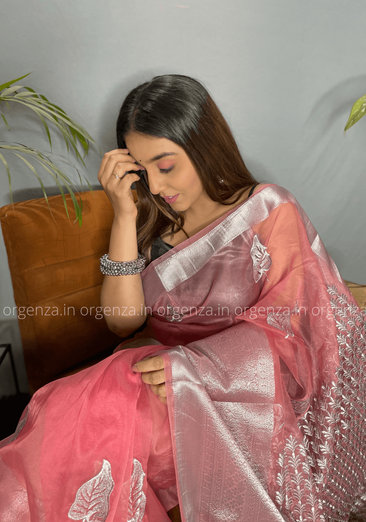 Peach Colour Silver Organza Weaving Saree - Orgenza Store