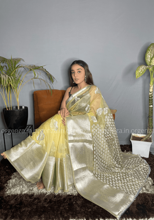 Light Yellow Silver Organza Weaving Saree - Orgenza Store