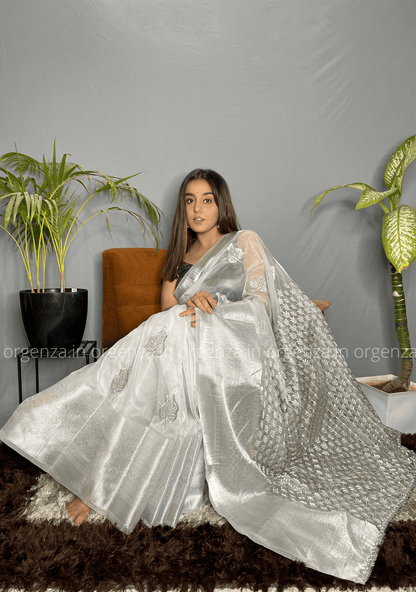 White Silver Organza Weaving Saree - Orgenza Store