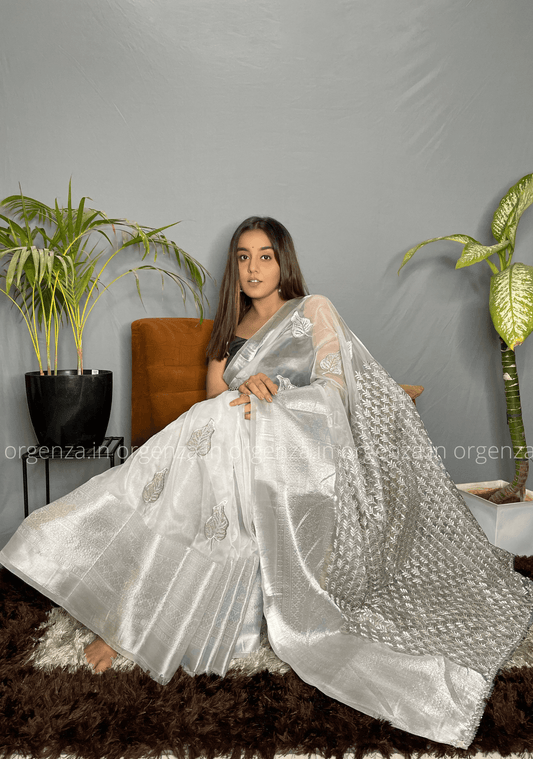 White Silver Organza Weaving Saree - Orgenza Store