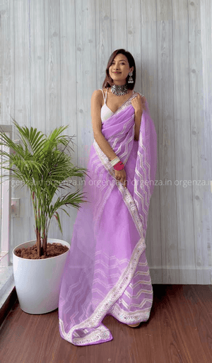 Orgenza || Banno Lavender Color Leheriya Design Embroidery Work Pure Organza Silk Saree With Blouse - Orgenza Store - digisoch