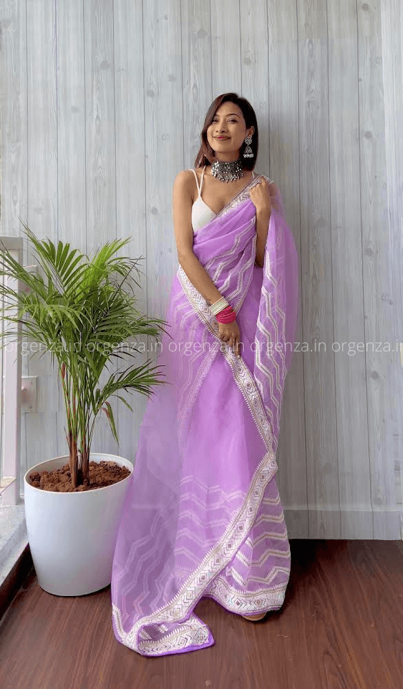 Orgenza || Banno Lavender Color Leheriya Design Embroidery Work Pure Organza Silk Saree With Blouse - Orgenza Store - digisoch