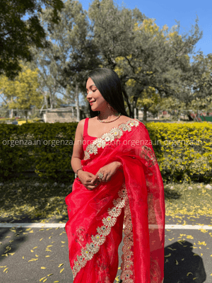 Red Organza With Gota Patti Border - Orgenza Store