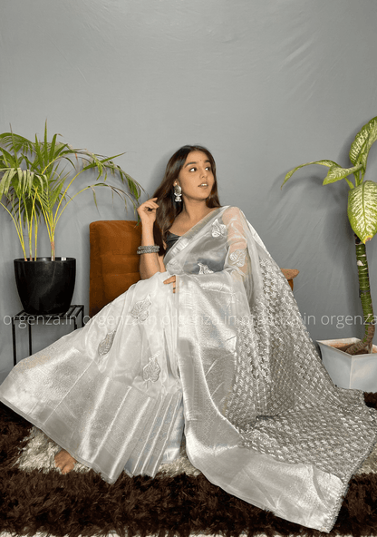 White Silver Organza Weaving Saree - Orgenza Store
