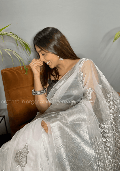 White Silver Organza Weaving Saree - Orgenza Store