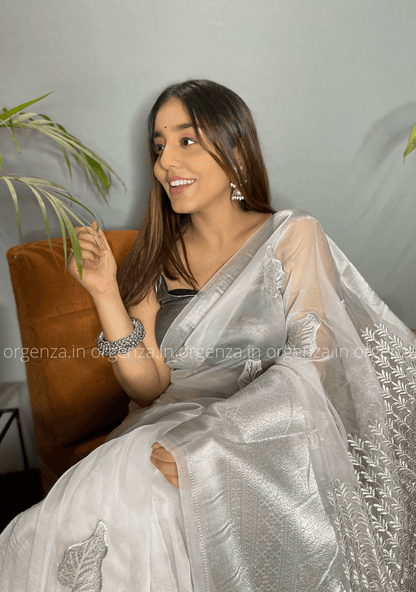White Silver Organza Weaving Saree - Orgenza Store