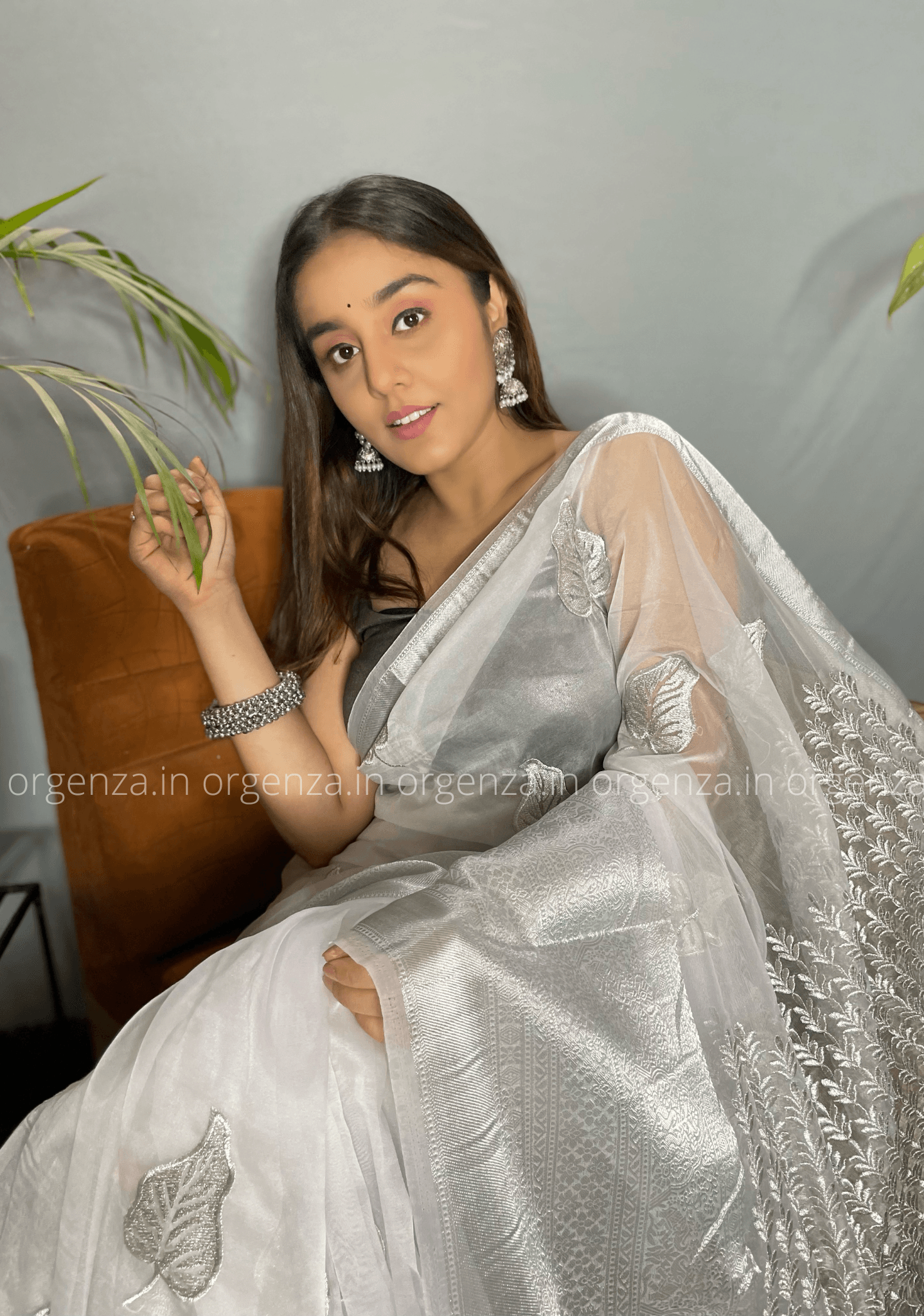 White Silver Organza Weaving Saree - Orgenza Store