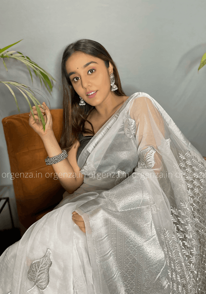 White Silver Organza Weaving Saree - Orgenza Store
