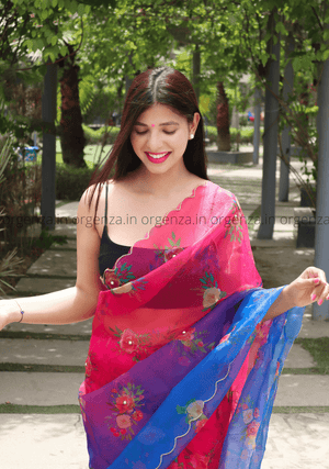 Pink And Blue Soft Organza Multi Colour With Readymade Blouse - Orgenza Store - digisoch