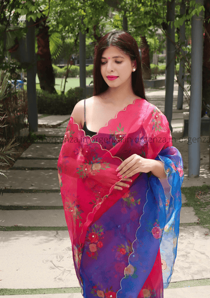 Pink And Blue Soft Organza Multi Colour With Readymade Blouse - Orgenza Store