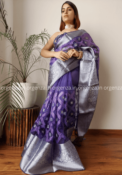 Kora Navy Blue Organza Silk Saree With Elephant Zari Border - Orgenza Store