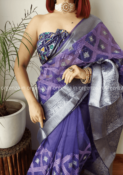 Kora Navy Blue Organza Silk Saree With Elephant Zari Border - Orgenza Store