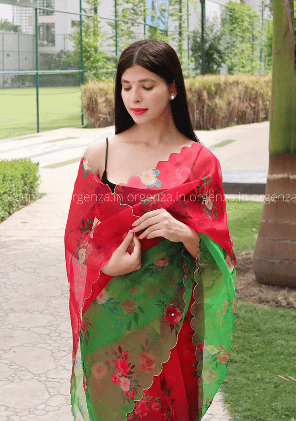 Red And Green Soft Organza Multi Colour With Readymade Blouse - Orgenza Store