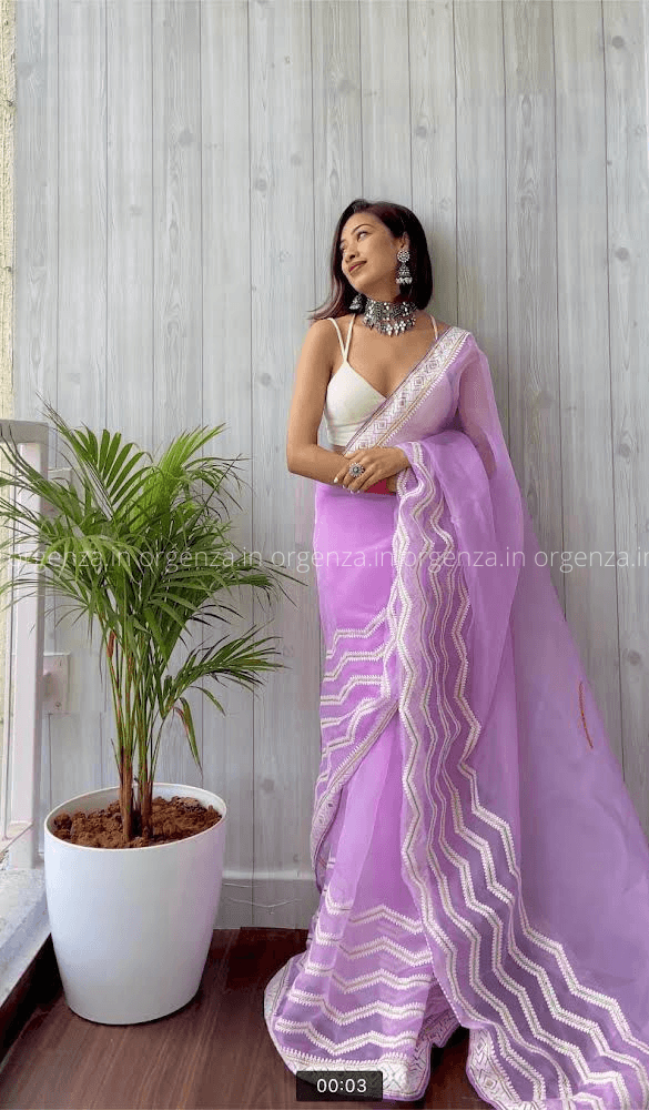 Orgenza || Banno Lavender Color Leheriya Design Embroidery Work Pure Organza Silk Saree With Blouse - Orgenza Store - digisoch