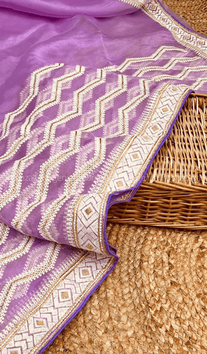 Orgenza || Banno Lavender Color Leheriya Design Embroidery Work Pure Organza Silk Saree With Blouse - Orgenza Store - digisoch
